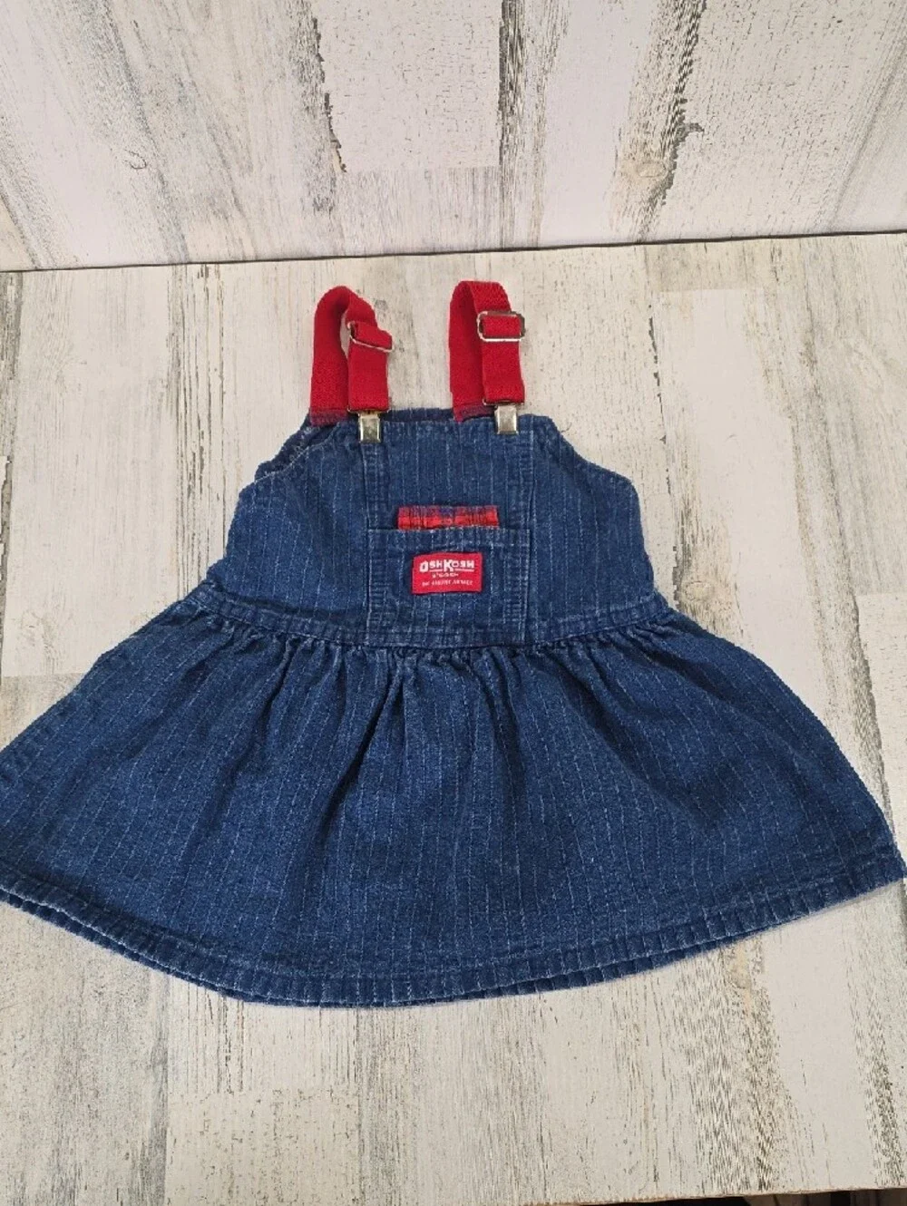 Vintage OshKosh B'Gosh Denim Pinafore Jumper Dress Red Suspender Straps Size 3T